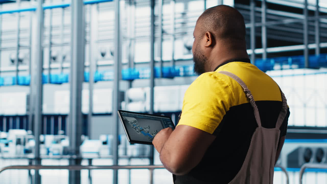 Industry 4.0 industrial plant expert designs robotic machines using CAD program