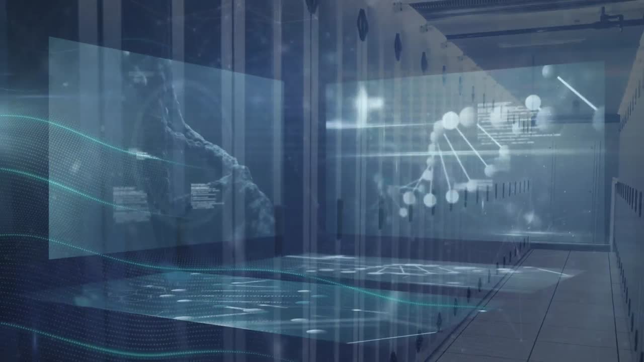 컴퓨터 서버 방에 대한 의료 데이터 처리를 가진 화면의 애니메이션