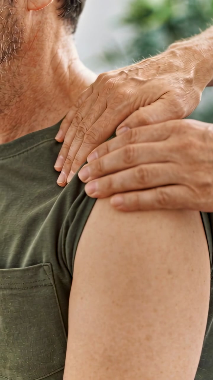 Vertical video: Approaching hands kneading shoulder in green tank top at home, easing tension