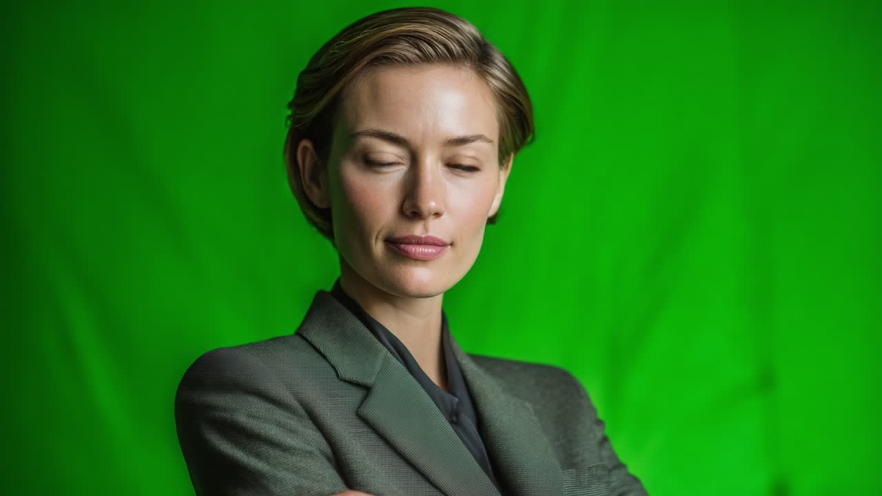 A Captivating Portrait Series Featuring a Confident Woman with Stylish Hair and Minimal Makeup Posed Against a Vibrant Green Background, Expressing Poise and Grace