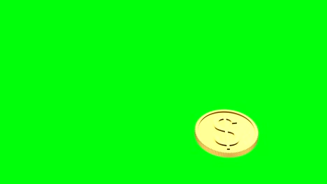 3d animation of a falling gold dollar coin rotates on a green screen. 4k