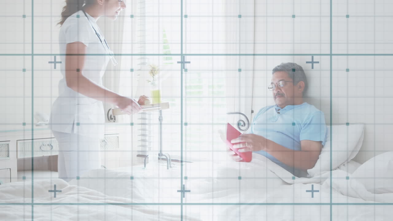 고령 환자를 돌보는 백인 여성 의사에 대한 데이터 처리 애니메이션