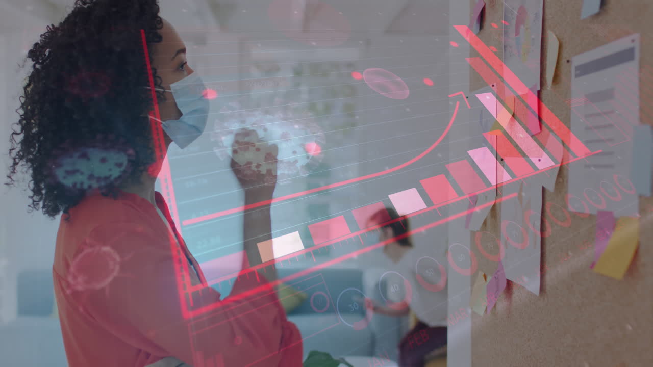 animación de la interfaz digital que muestra estadísticas con colegas en la oficina que usan máscaras faciales