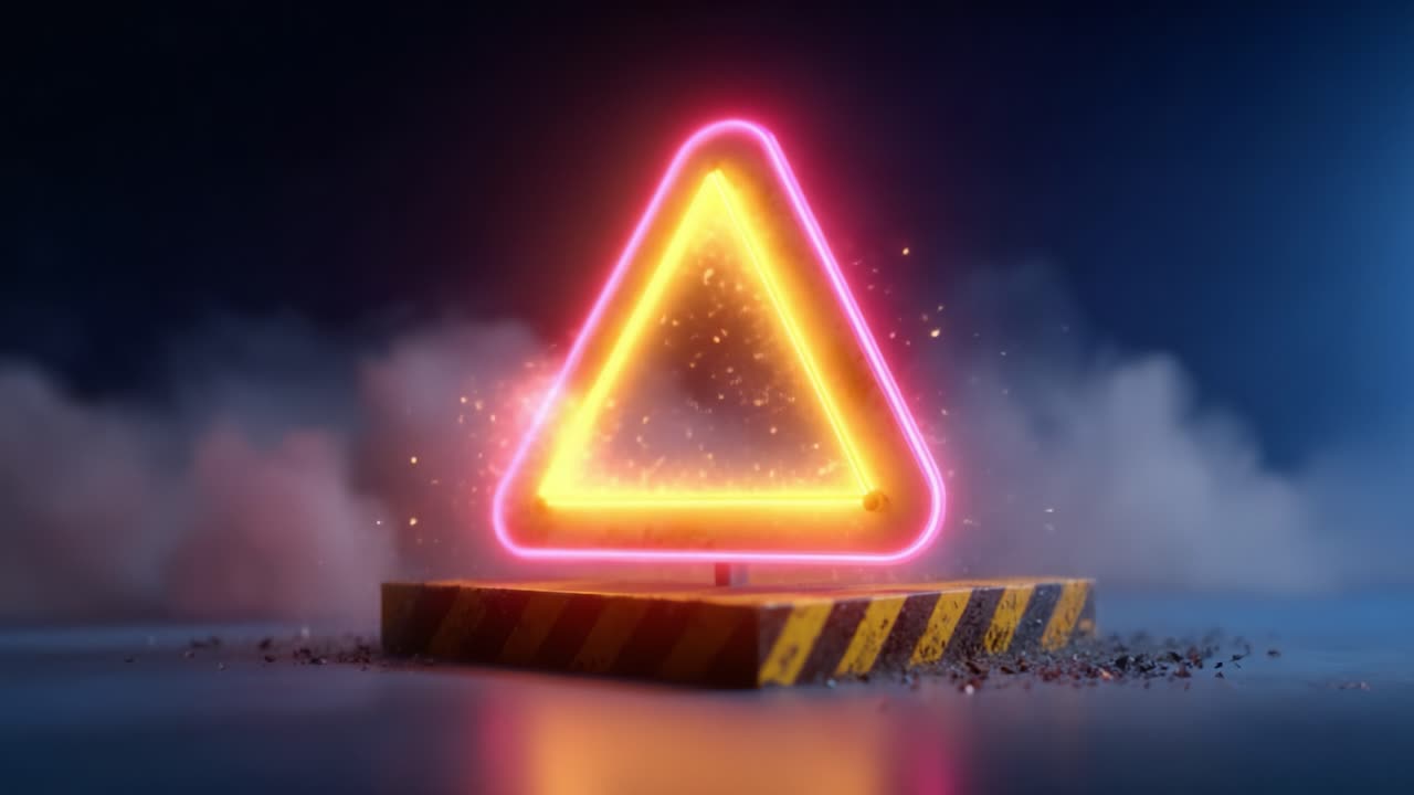A Glowing Neon Triangle Warning Sign Surrounded by Mist and Sparks, Illuminating the Scene with Vibrant Colors and Captivating Lighting Effects
