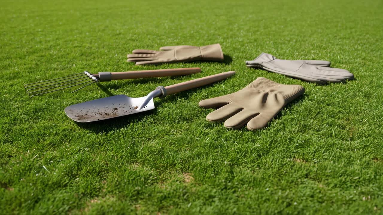 Gardening tools and gloves on green grass