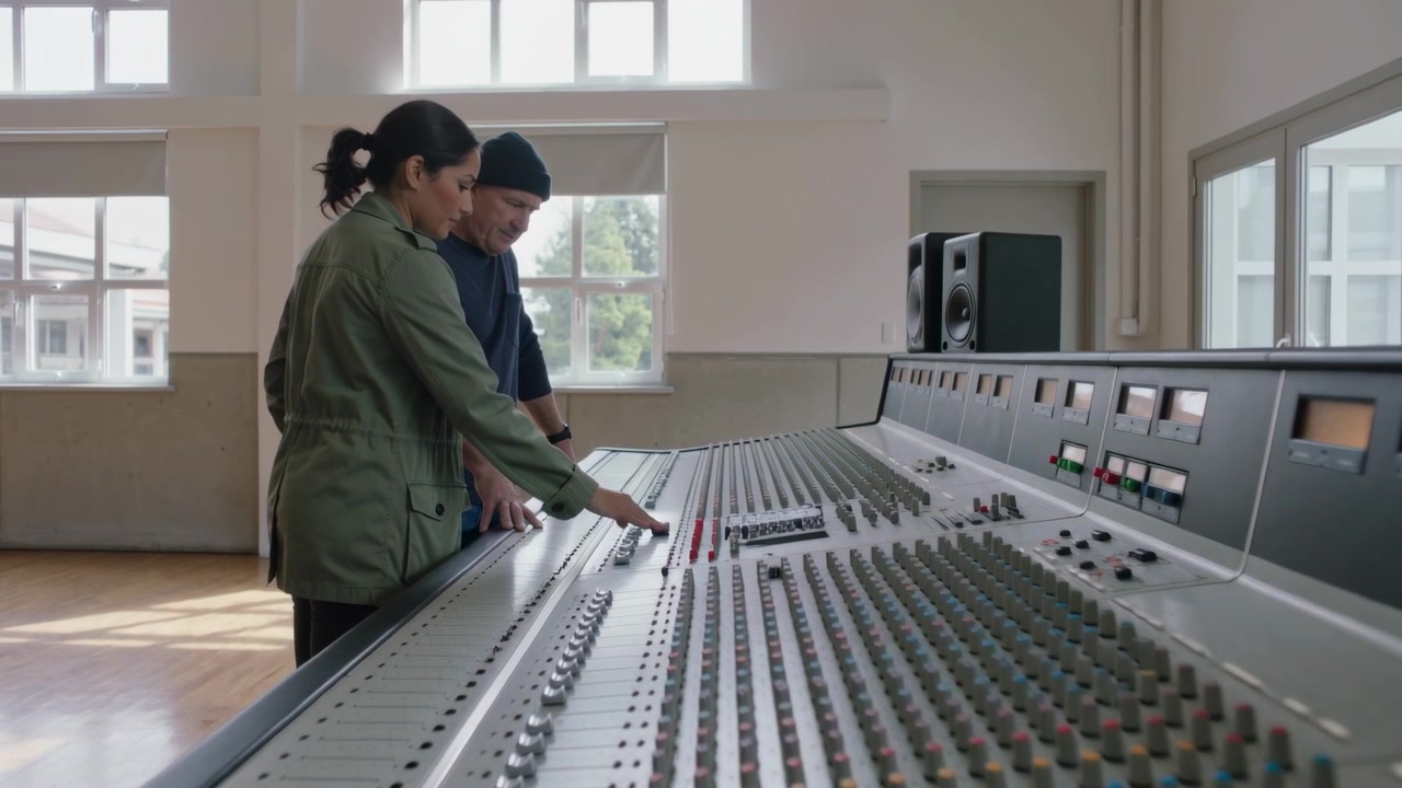 Leaning female tech in green coat practicing levels on studio console after cue, mentor guiding