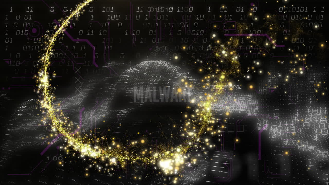 Malware text with digital binary code and glowing particle animation