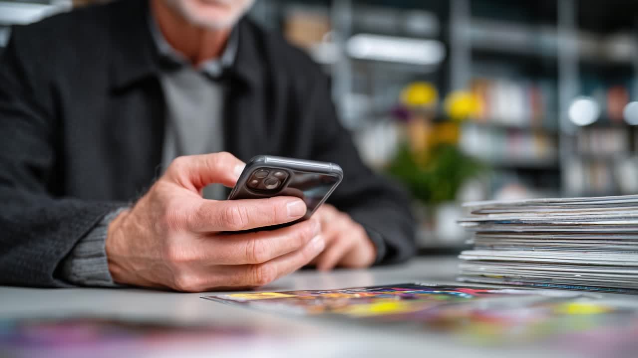 Un uomo anziano che usa intensamente il suo smartphone mentre è seduto a un tavolo ingombro di fotografie, evidenziando l'intersezione tra tecnologia e memoria in un contesto moderno