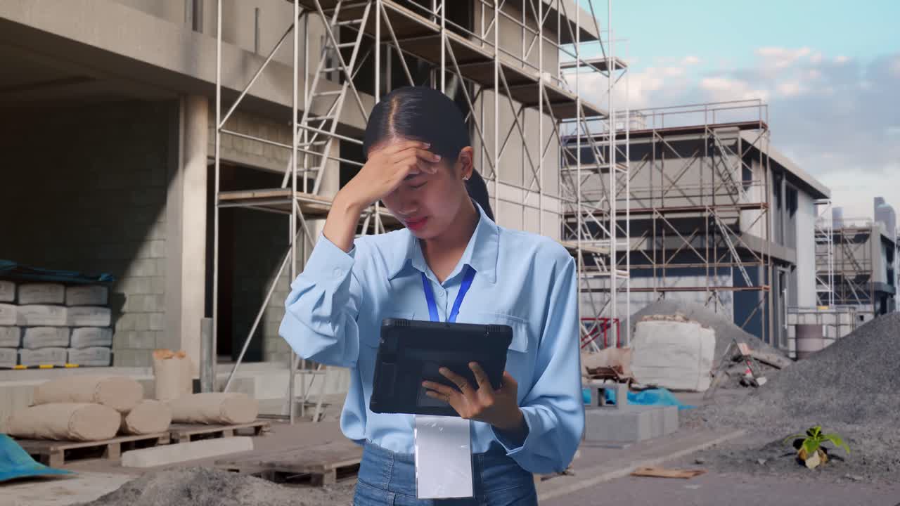 Wanita Asia dengan Tablet di Lokasi Konstruksi Pembangunan Rumah Baru, Dia Mengangguk dengan Kecewa