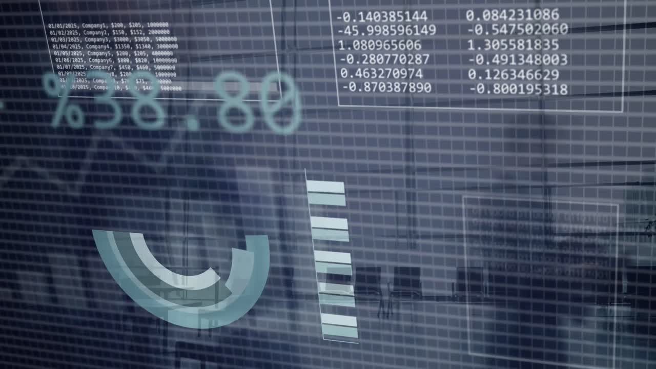 animación del procesamiento de datos financieros sobre personas que caminan en la oficina