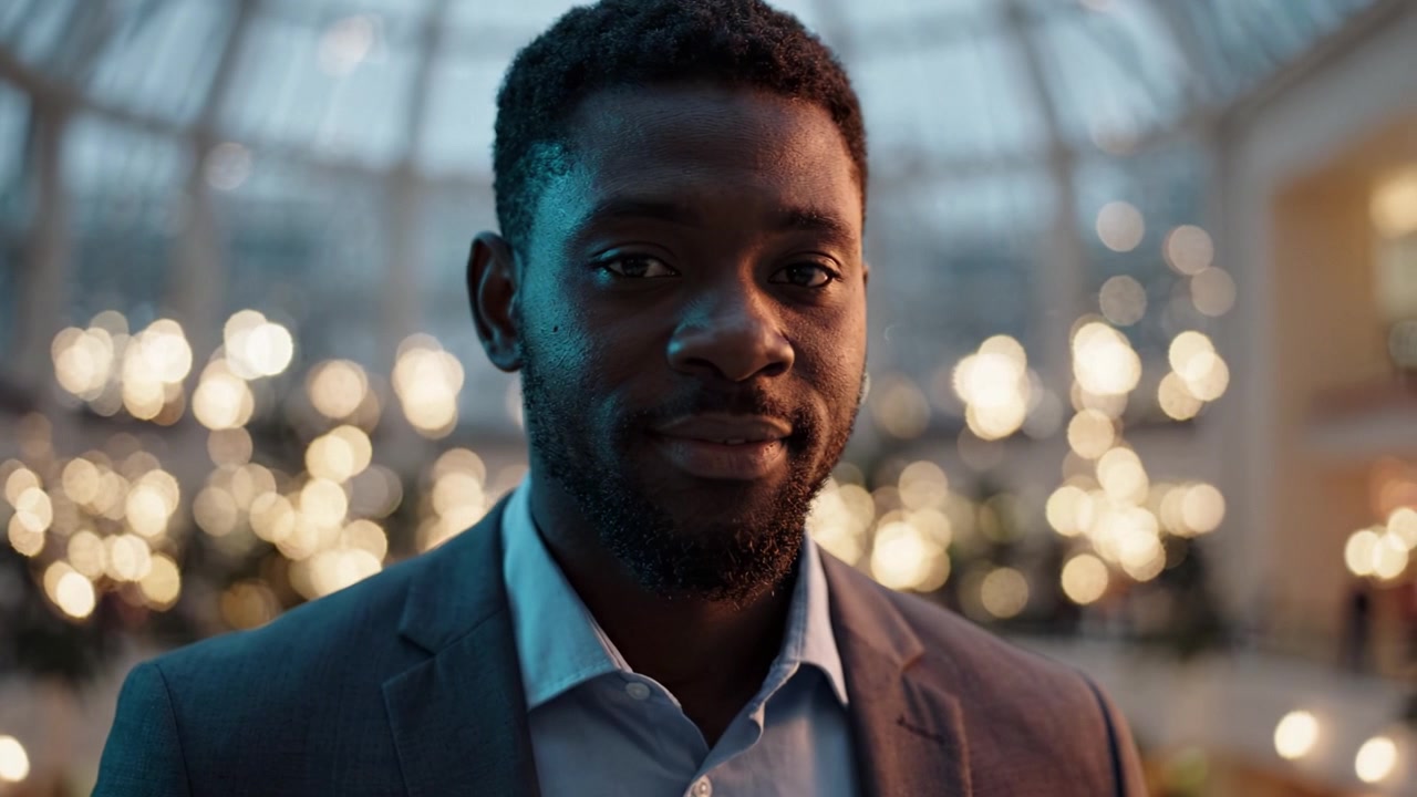 A Confident Man in a Suit Smiles Amidst Soft Glowing Lights in an Elegant Venue, Showcasing Elegance and Charisma in a Stunning Atmosphere