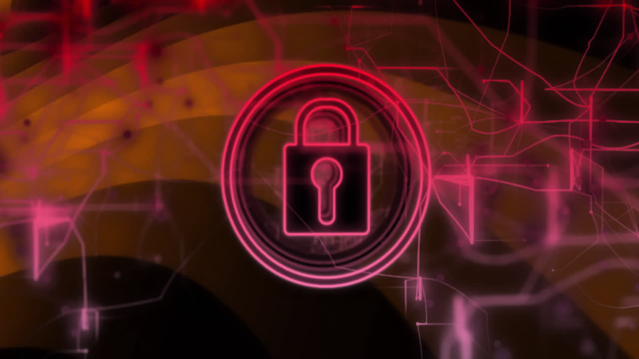 icono de cerradura con contorno de neón sobre animación de seguridad digital abstracta