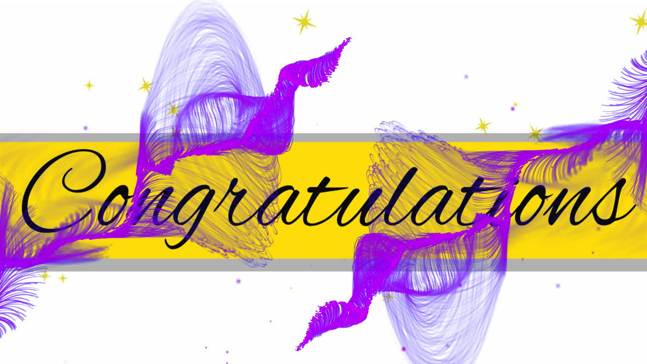 Animation of golden stars and purple digital wave over congratulation text on white background
