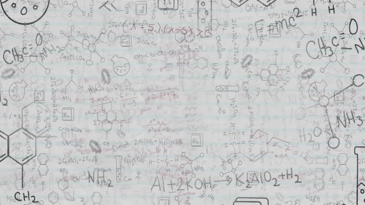 Animating chemical formulas and equations over white background with scientific doodles