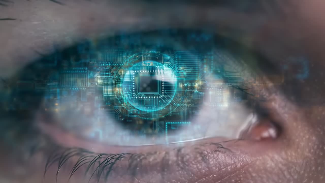 Close-up video of a human eye with digital circuit overlay, futuristic ...