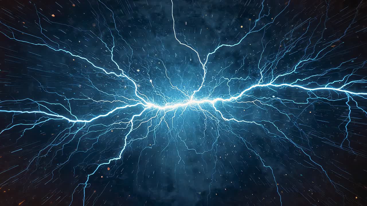 Opening on glowing blue lightning bolt sparking electric arcs in smoky backdrop, emitting energy
