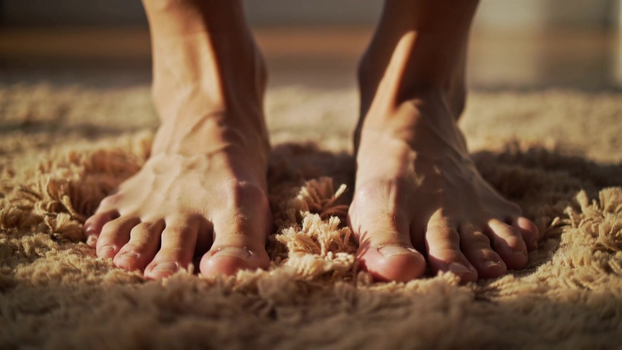 Shifting, flexing bare feet on plush shag rug at home, responding to balance shifts, staying steady