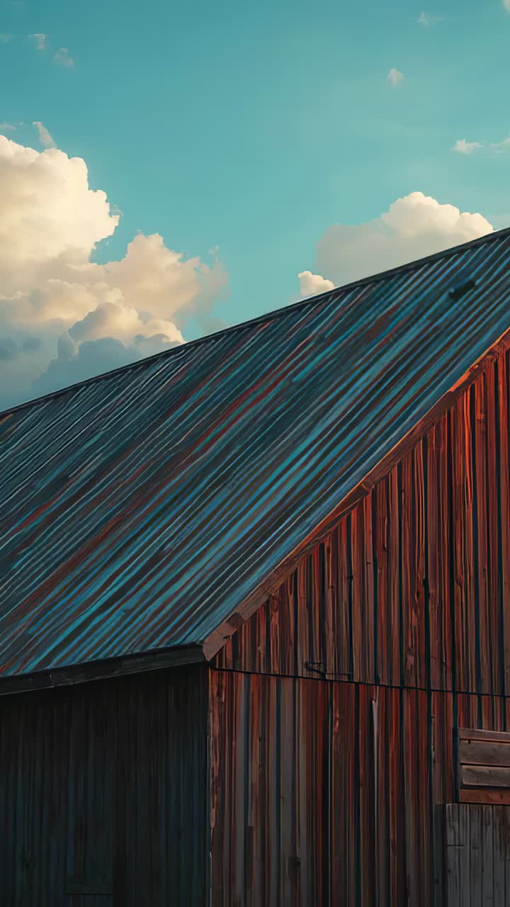 Vertical video: Shifting clouds across breezy farm sky, sunlight warming barn siding and metal roof