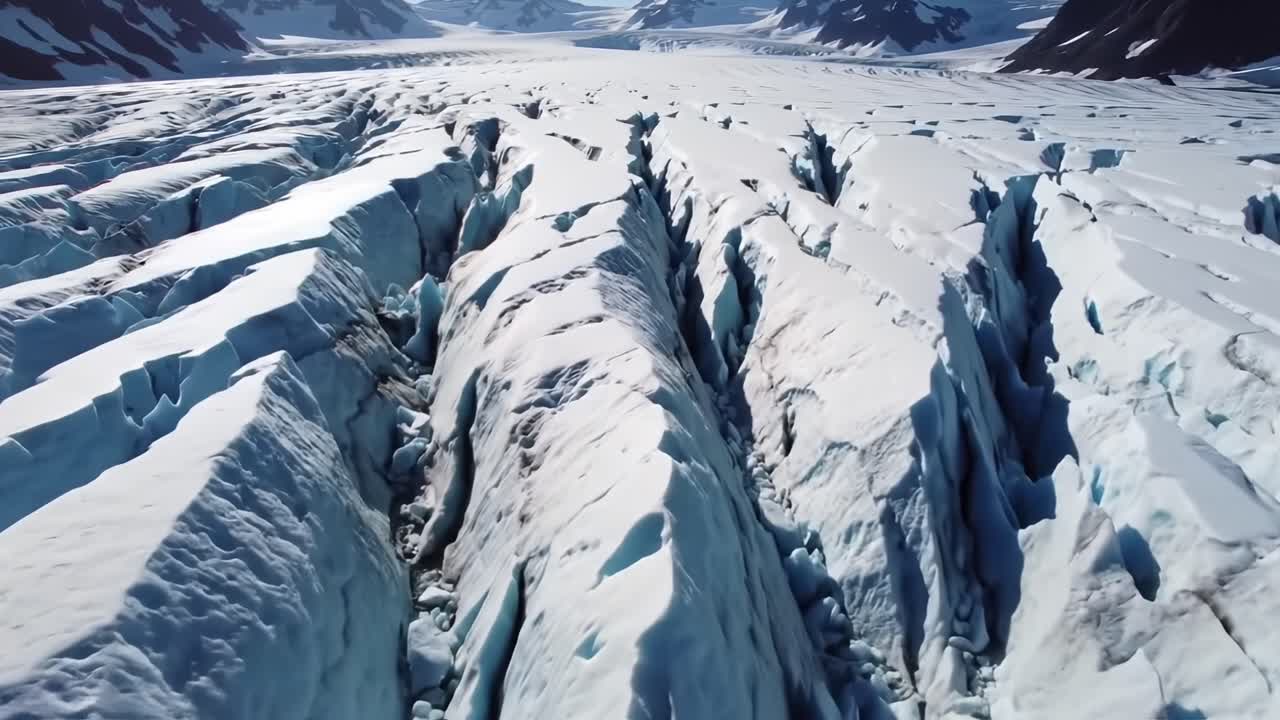 Majestic Glacial Landscape Revealed: Stunning Aerial Views of Cracked Ice Formations and Serene Snow-Covered Mountains Captured in Breathtaking Detail