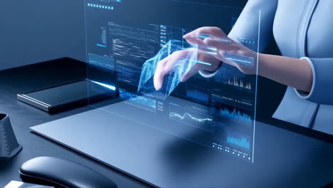 hands interacting with a futuristic holographic data display