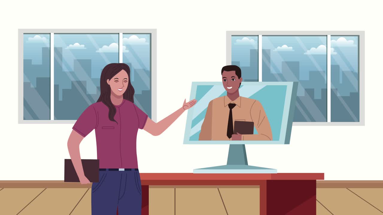 elegant business couple workers in video conference
