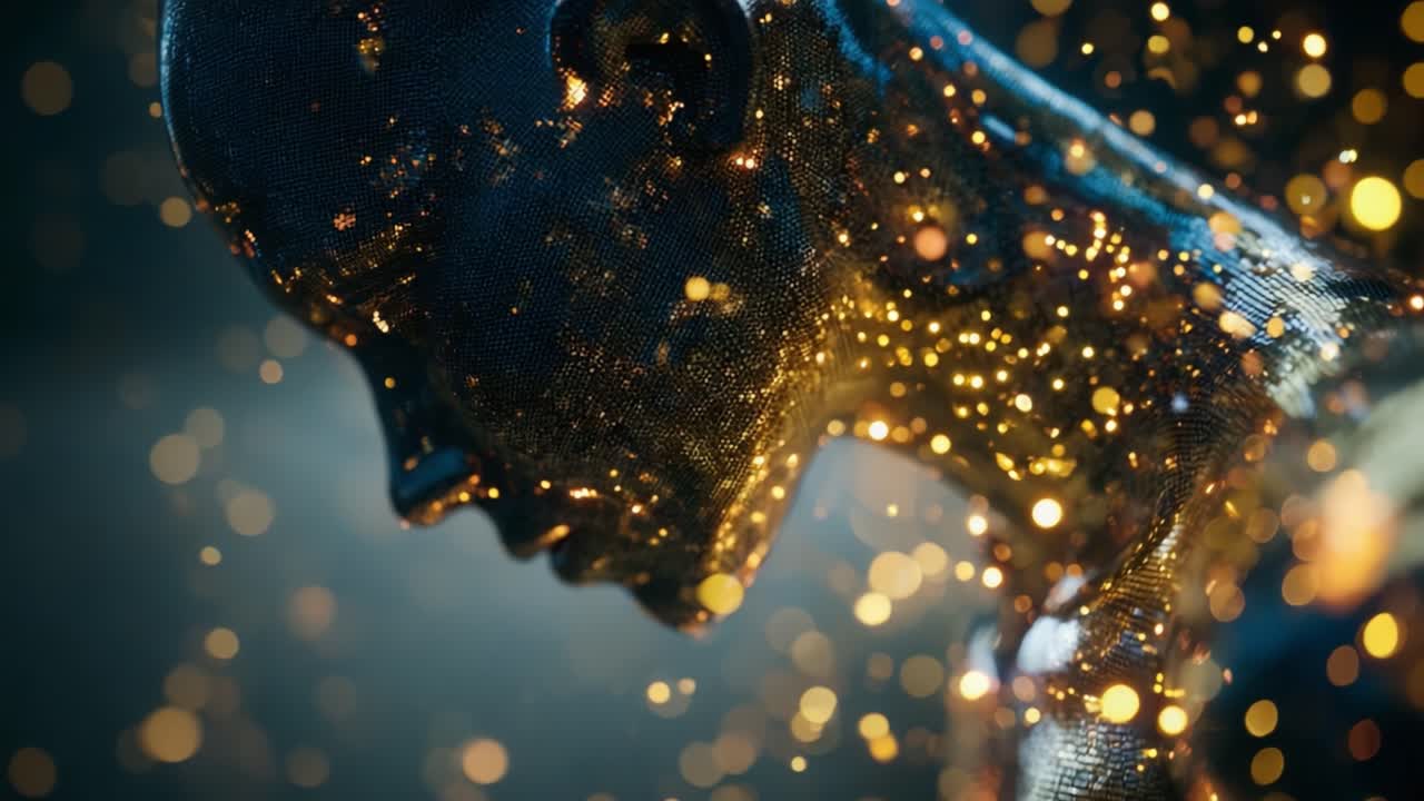 A mesmerizing display of a shimmering humanoid figure, intricately composed of glimmering particles that reflect light and create a stunning visual experience