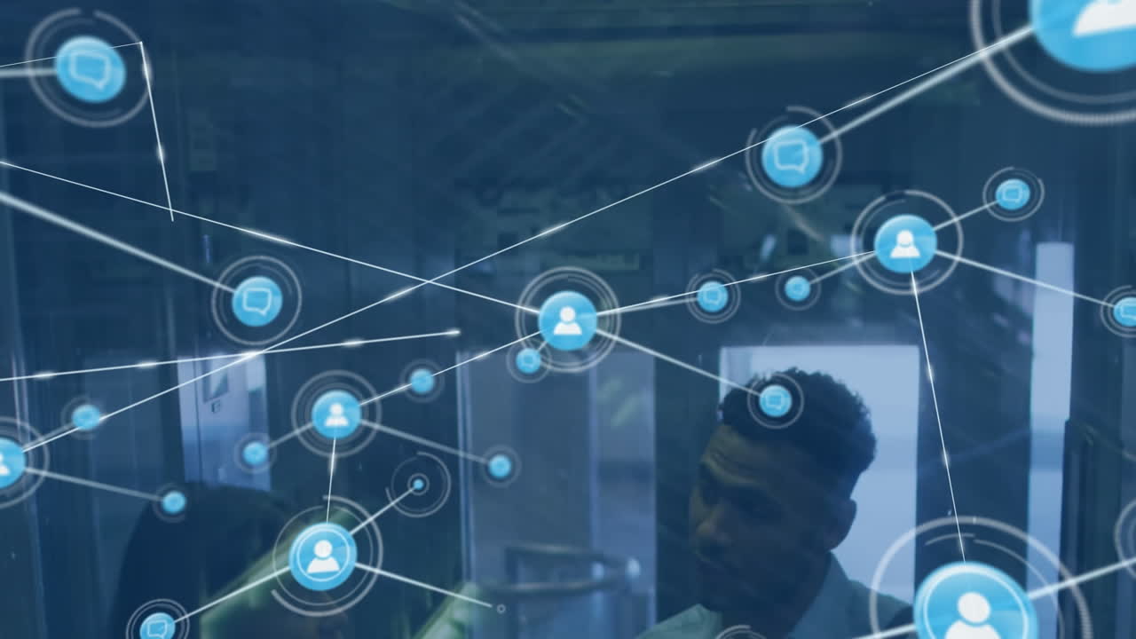 Animation of network of digital icons against diverse man and woman discussing in elevator at office