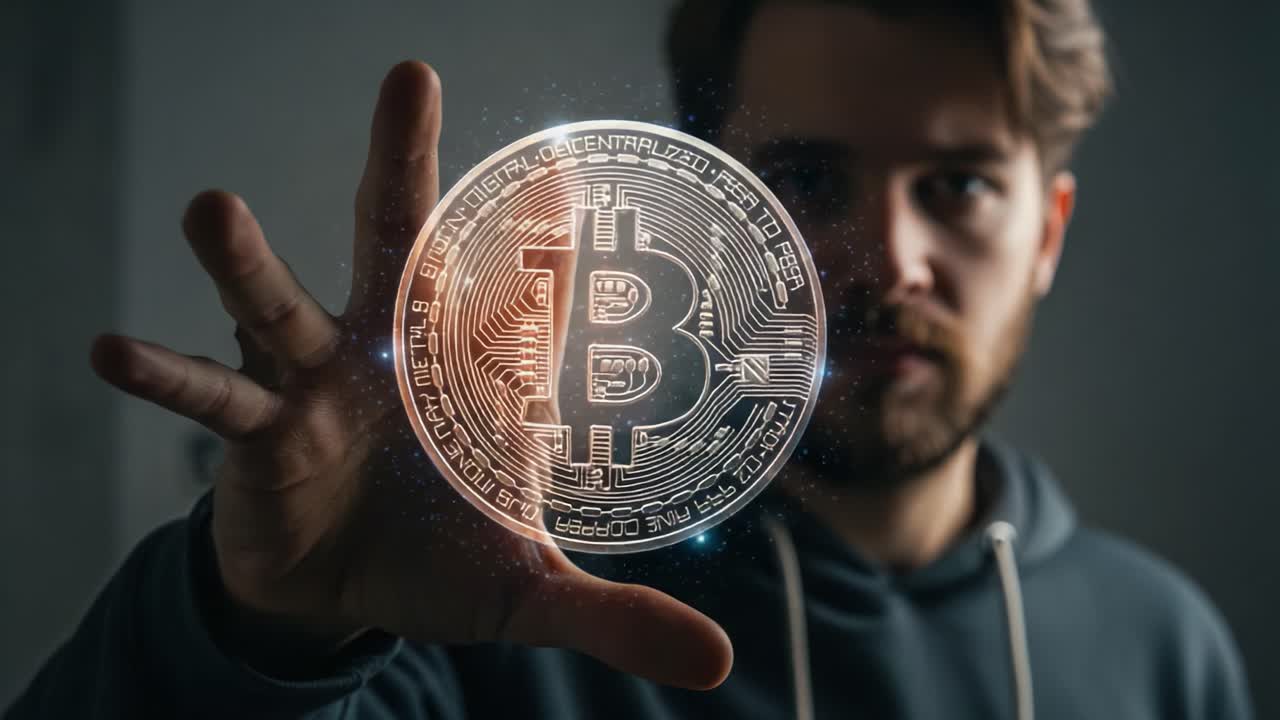 A Man Interacting with a Futuristic Bitcoin Hologram, Exploring the Intersection of Technology and Finance in a Digitalized World