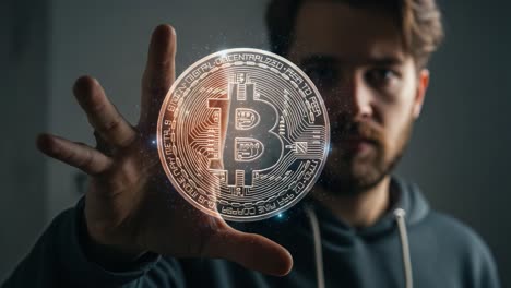 a man interacting with a futuristic bitcoin hologram, exploring the intersection of technology and finance in a digitalized world