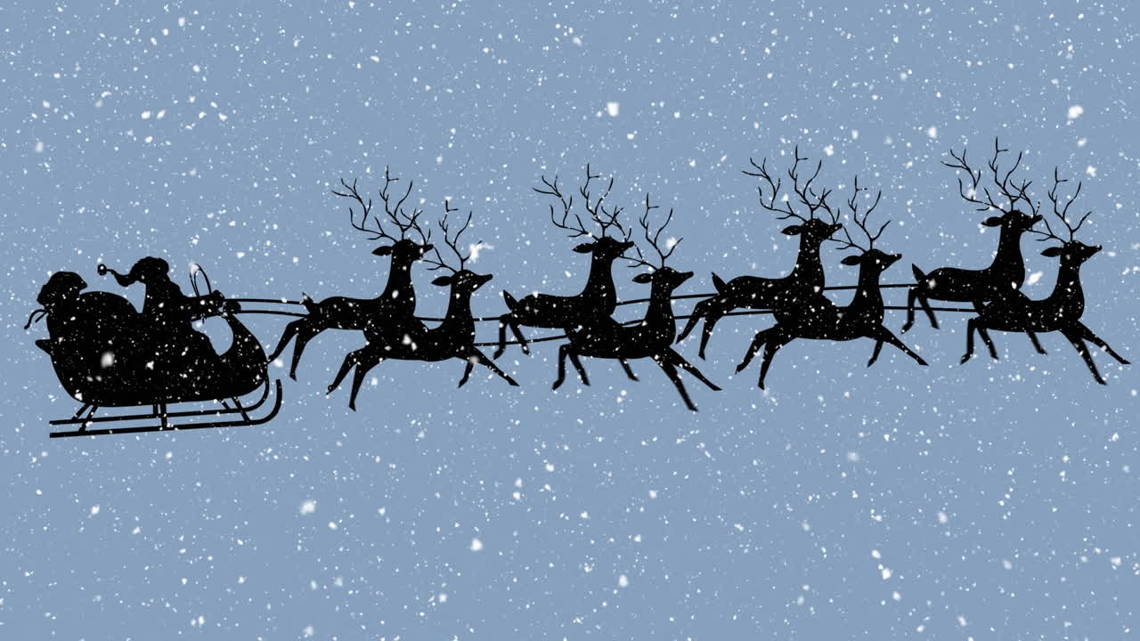 Digital animation of snow falling over black silhouette of santa claus in sleigh