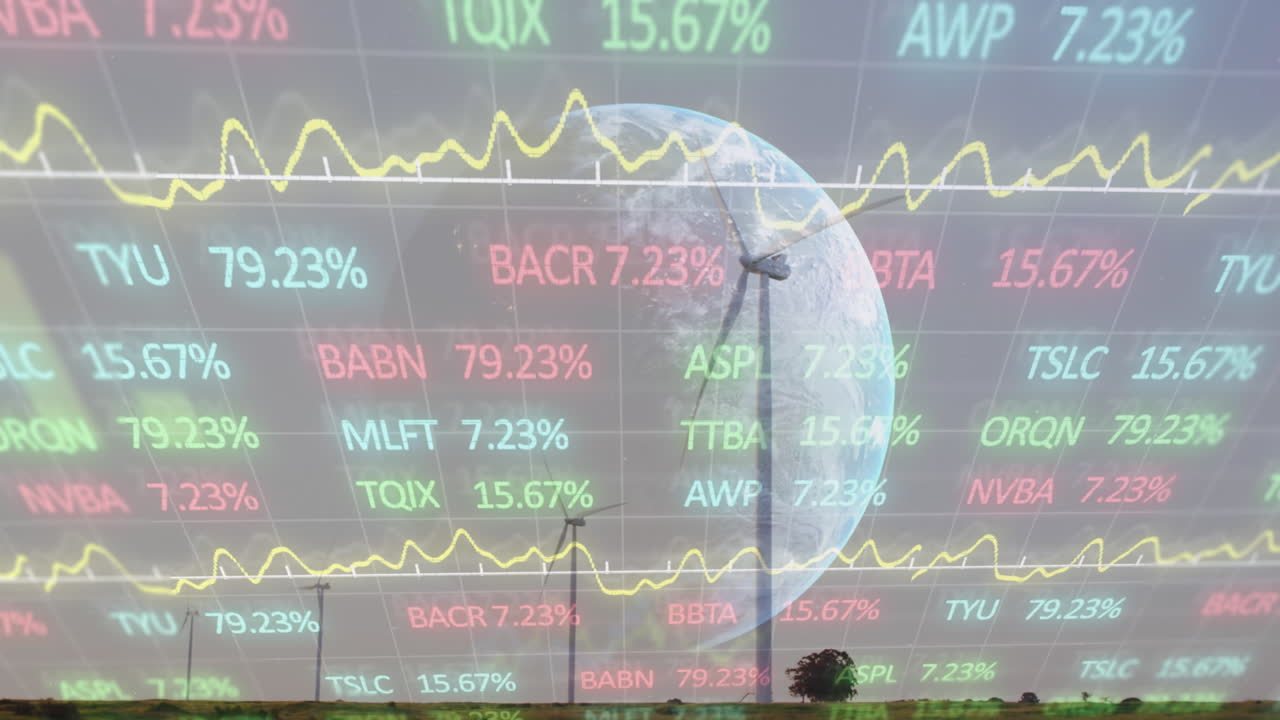 회전하는 풍차에 대항하여 전 세계 주식 시장 데이터 처리의 애니메이션