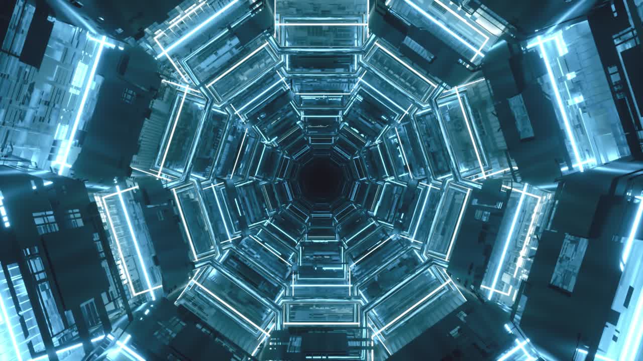 Endless corridor of the future. Spaceship. Neon lighting. Flying in the tunnel. Seamless loop 3d render