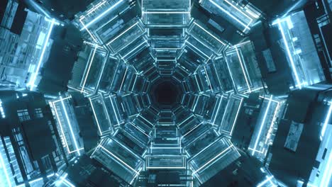 el corredor sin fin del futuro. nave espacial. iluminación de neón. volar en el túnel. bucle sin costuras 3d render