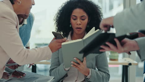 business, chaos and woman screaming in office