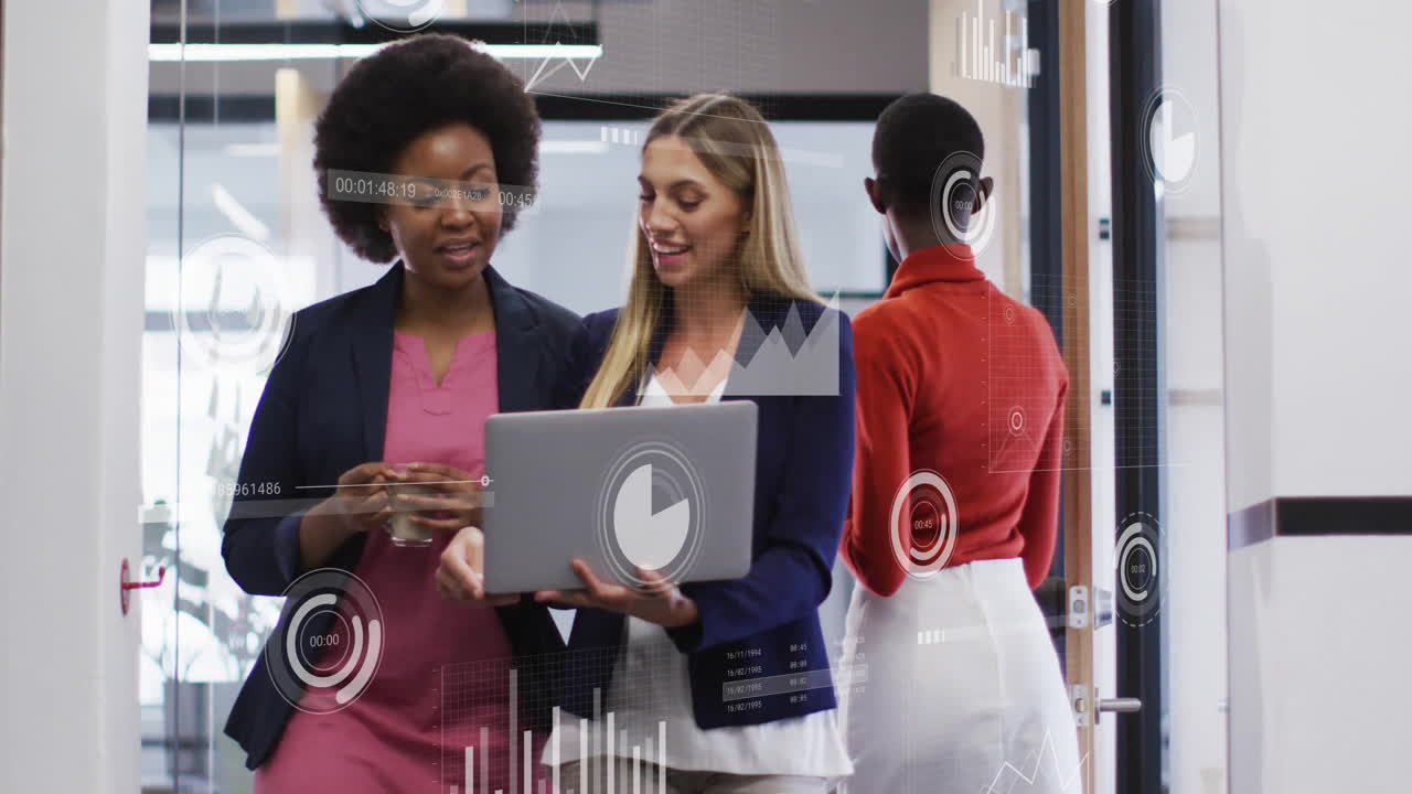 Animation of financial data processing over diverse business people in office