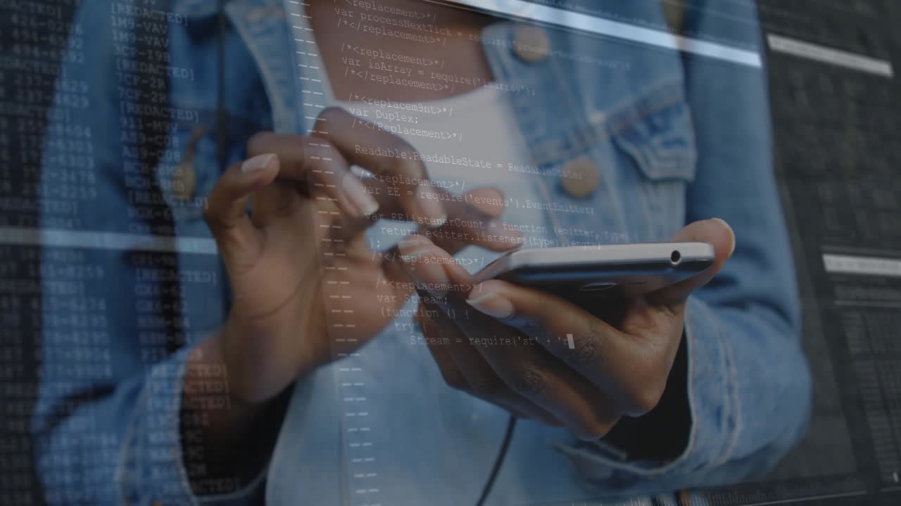 Using smartphone, hands working on animation coding in technology setting