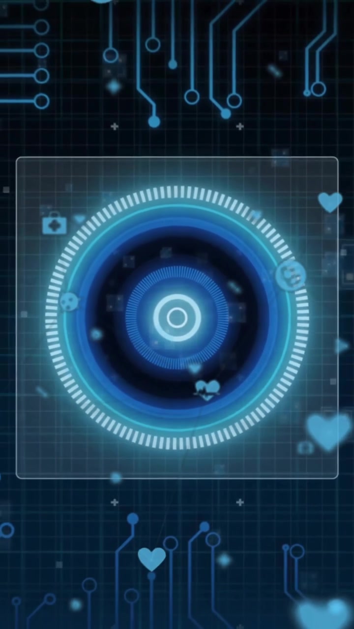 Glowing blue circular elements in futuristic digital interface with circuit patterns