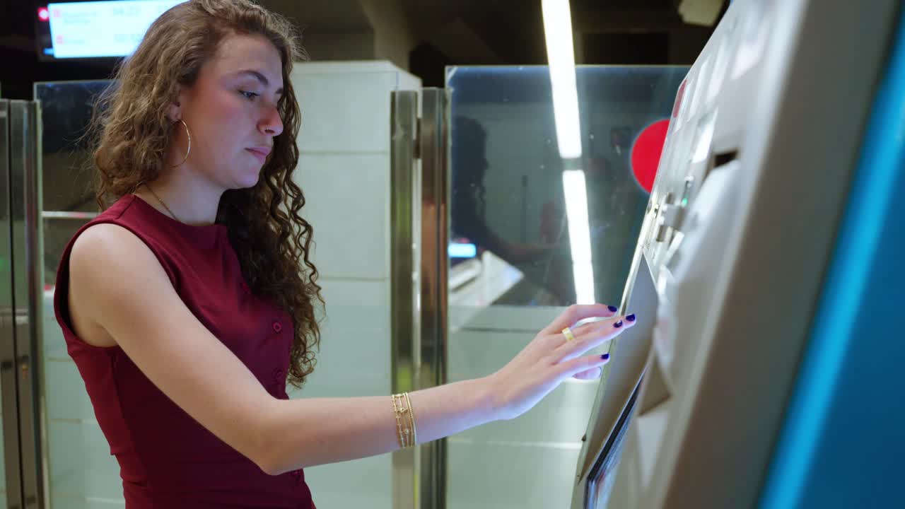 Giovane donna con un distributore automatico di biglietti touchscreen in una stazione pubblica