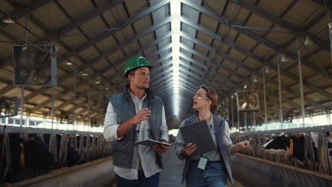 Livestock-team-walking-cowshed-aisle-inspecting-dairy-farm-facility-together.