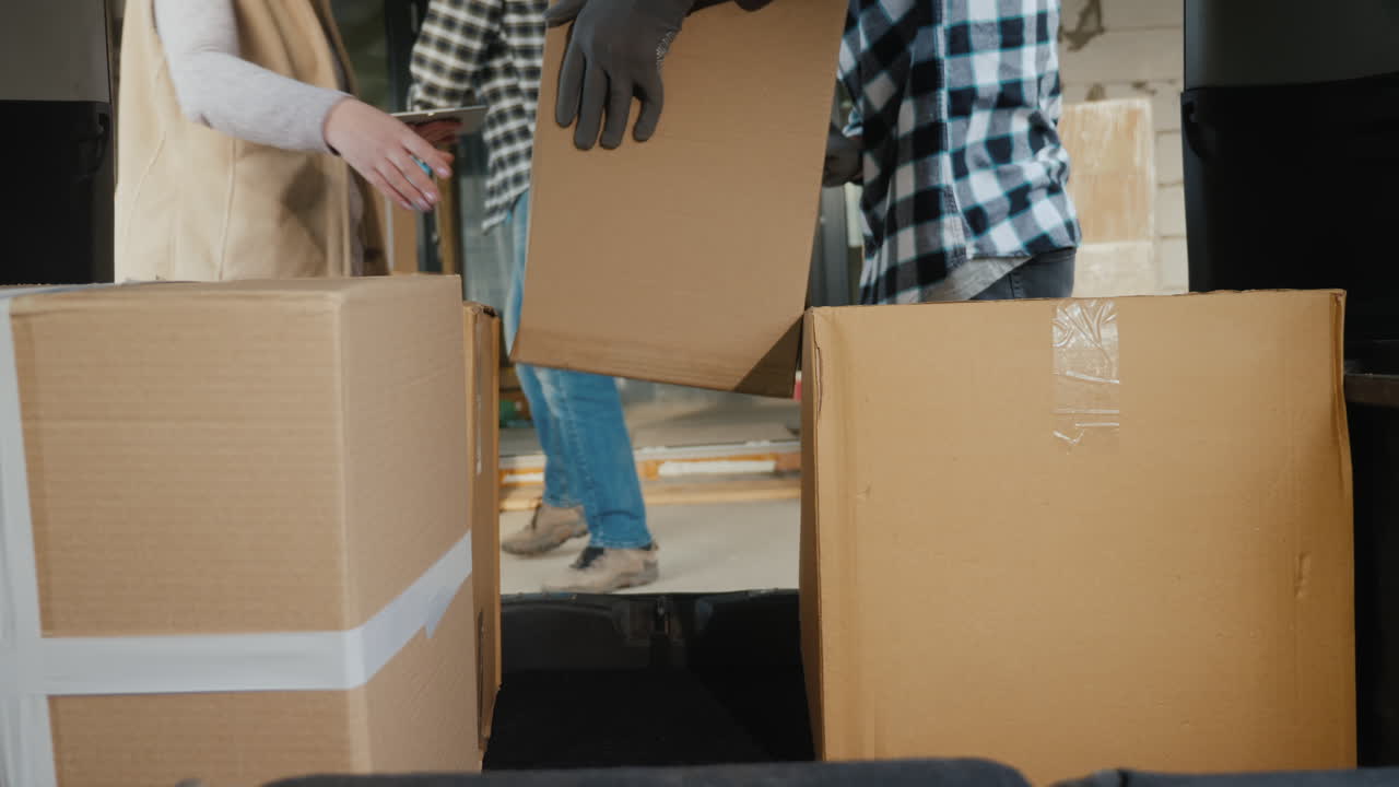 las cajas de cartón se cargan en el maletero de la furgoneta