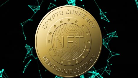 animation of nft text on golden coin and network of connections over dark background