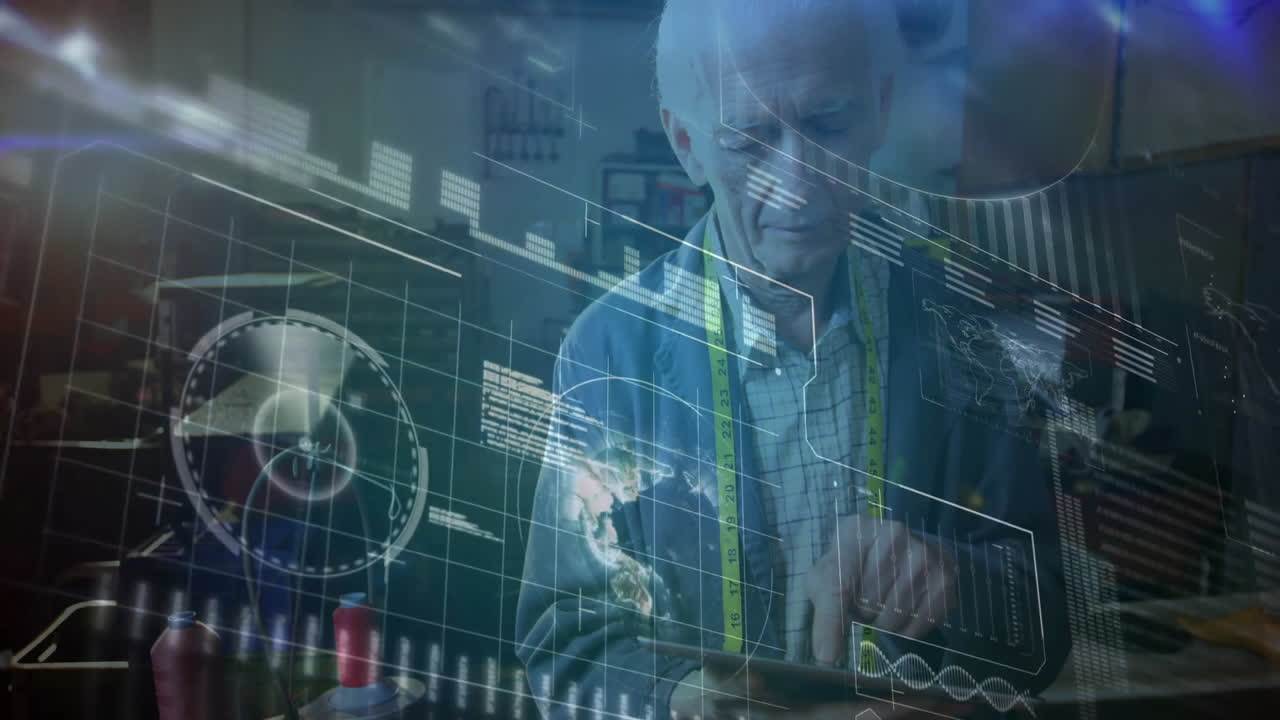 In workshop, elderly man interacting with futuristic technology interface animation