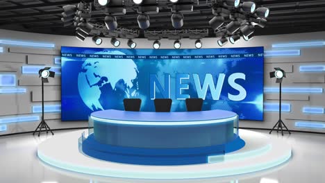 tv studio. news room. blye and red background. general and close-up shot. news studio. studio background. newsroom bakground. the perfect backdrop for any green screen or chroma key video production. loop. 3d rendering