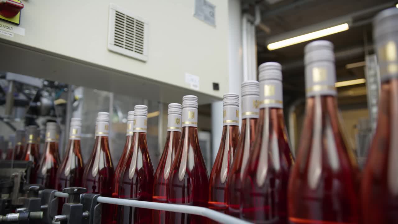 Bottles filled with red wine being transported on a conveyor belt to packaging
