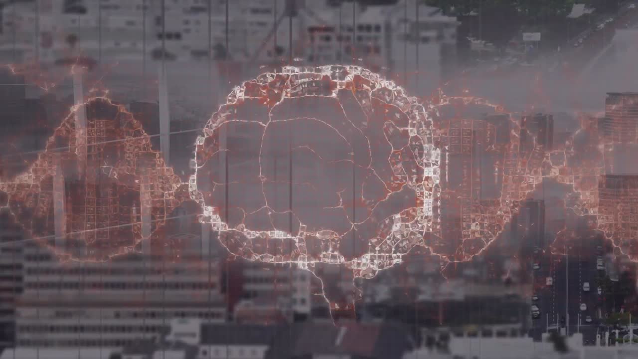 Animation of human brain over cityscape