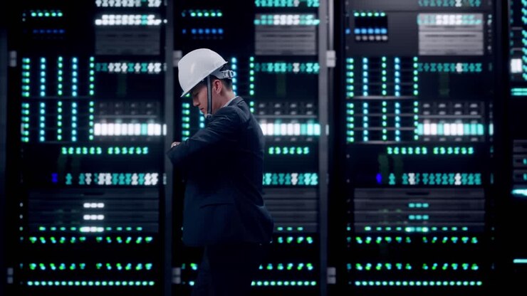 Side View of Asian Businessman Walking, Checking Time in Watch in Server Room Data Center