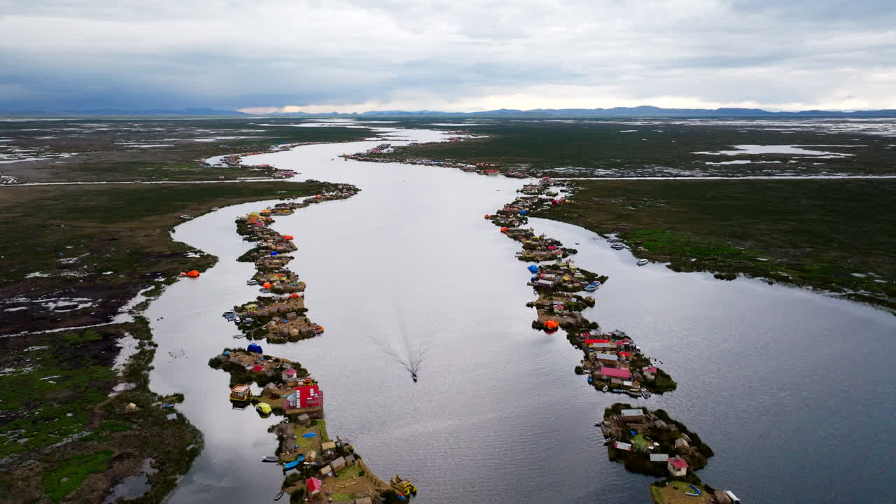 Bird's-eye drone view over Uros floating islands on Lake Titicaca in Peru
