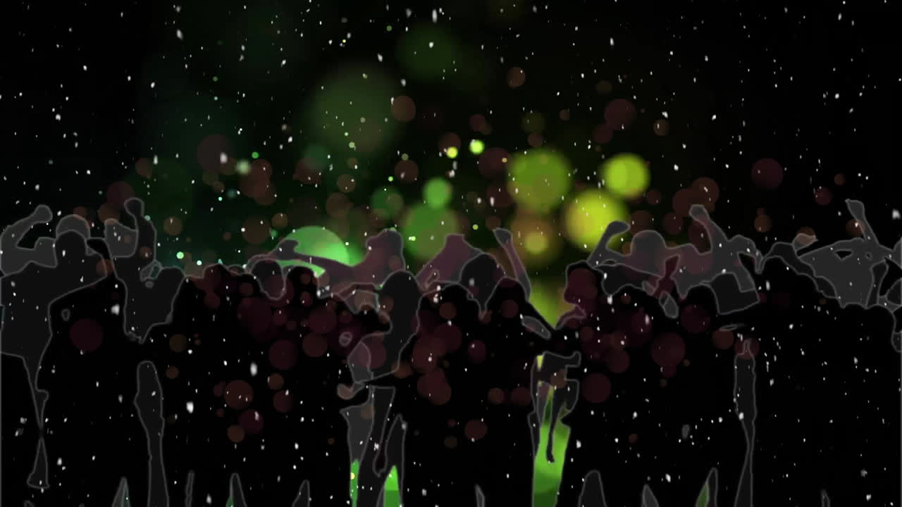 Silhouetted crowd dancing with colorful lights and particles animation