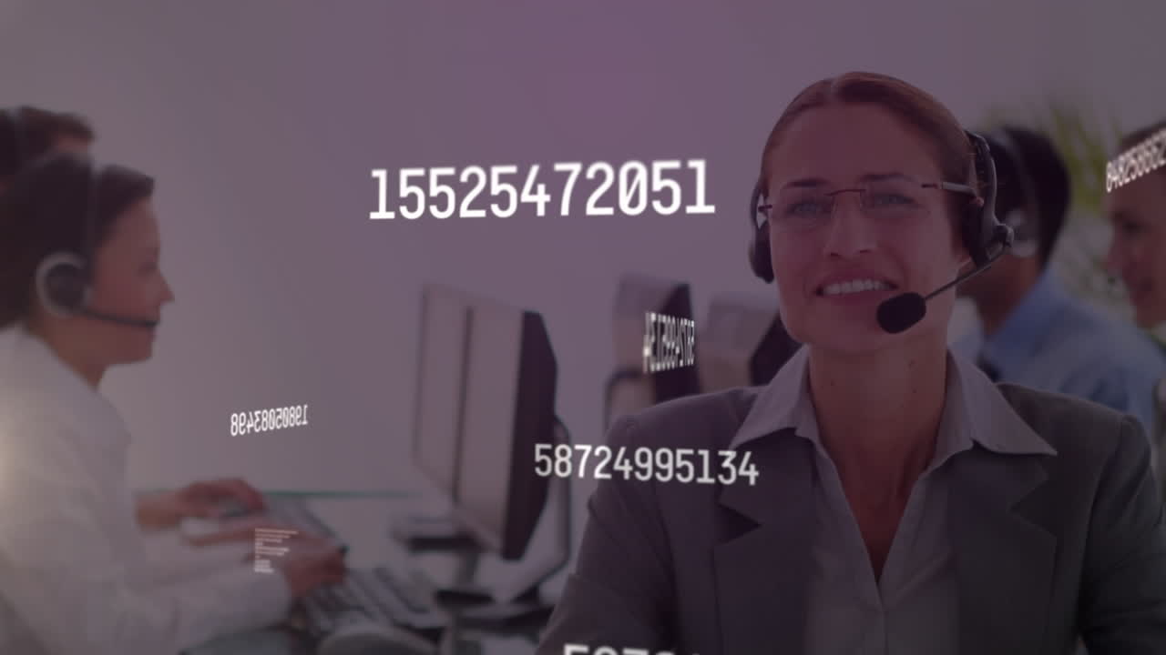 Animation of networks of connections over business people wearing phone headsets