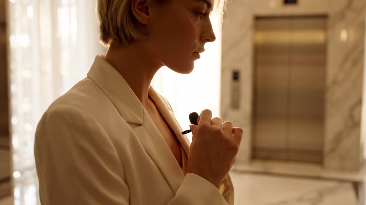 Una donna professionista posata si prepara per una presentazione, regolando il suo microfono in un'elegante e ben illuminata hall con ascensori, circondata da decorazioni in marmo lucido